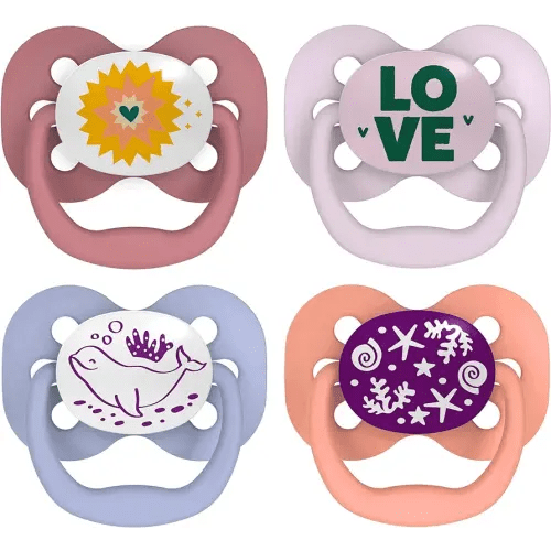Dr. Brown's Advantage Glow-in-the-Dark Baby Pacifier, Fully Symmetrical Soother with Soft Silicone Bulb, Lavender Love-Coral Ocean, 0-6m, BPA Free, 4 Pack