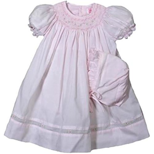 Petit Ami Girl's Pink Smocked Dress with Embroidered Insets & Bonnet Newborn