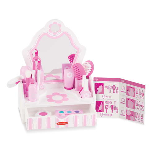 Melissa & Doug Pretend Makeup & Hair Wooden Playset, Beauty Salon Vanity (18 pcs) - FSC Certified