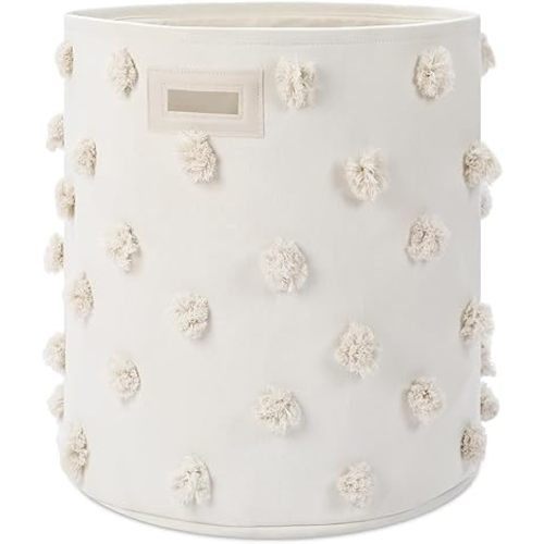 Beige 17.5" D x 20.8" H Pom Pom Basket Bin Large Cotton Canvas Laundry Hamper Baby Girl Laundry Basket Storage, Baby Nursery Hamper for Nursery Playroom Home Room Organizer Decor