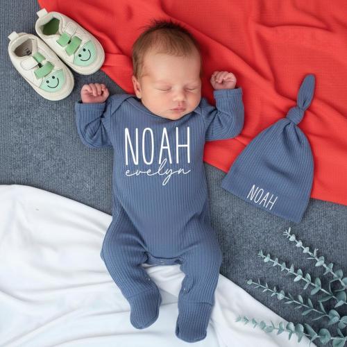 Personalized Modern First Middle Name Baby Bodysuit And Hat Set, Newborn Name Outfit, Baby Outfit for Hospital, Baby Boy Coming Home Outfit