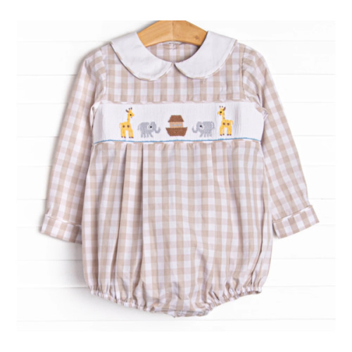 Noah's Ark Smocked Bubble, Tan – Stitchy Fish