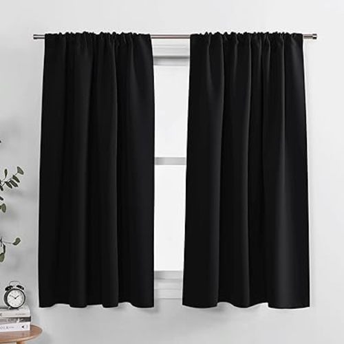 PONY DANCE Blackout Window Curtains for Bedroom - Thermal Insulated Curtain Drapes for Winter, Short Rod Pocket Blinds for Kitchen/Living Room, W 42 x L 54 inches, Black, One Pair