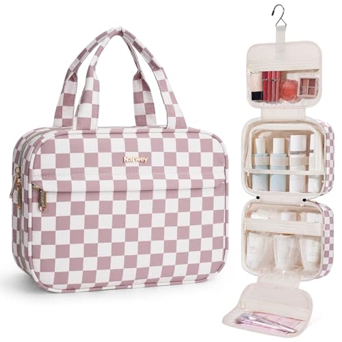 Narwey Hanging Toiletry Bag for Women Checkered Travel Makeup Bag Organizer Cosmetic Make up Toiletries Bag for Travel Essentials Accessories (Dusty Pink Checkerboard, Medium)