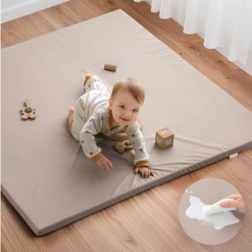 Blissful Diary Vegan Leather Baby Play Mat, 50x50 Thicken Foam Cushioned & Waterproof Playpen Mat for Infants and Toddlers, Stylish and Just Wipe-Clean Playmat for Baby Play on Floor, Brown Gray