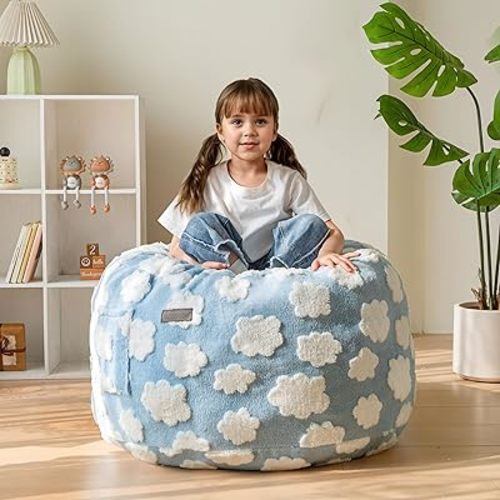 MAXYOYO Bean Bag Chair for Kids, Cloud Pattern Lazy Chair with High-Density Foam Filling, Stuffed Floor Sofa Couch for Boys and Girls, Child Floor Sofa for Gaming, Reading, Blue