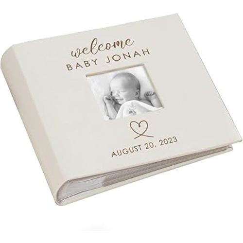 Small Personalized Welcome Baby Photo Album Cream Leatherette Holds 100 Photos Baby Shower