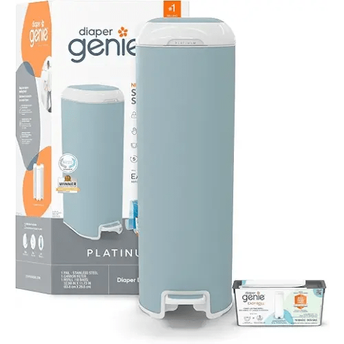 Diaper Genie Platinum Pail (Glacial Blue) is Made in Durable Stainless Steel and Includes 1 Easy Roll Refill with 18 Bags That can Last up to 5 Months.