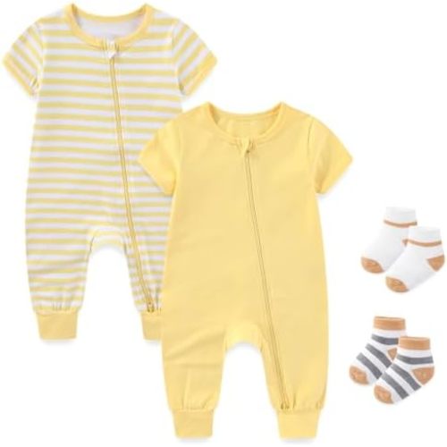 falianni Baby Boy Girl 2-Pack Rompers with Socks 0-18M Toddler Unisex Zipper Short Sleeve Jumpsuits Clothes
