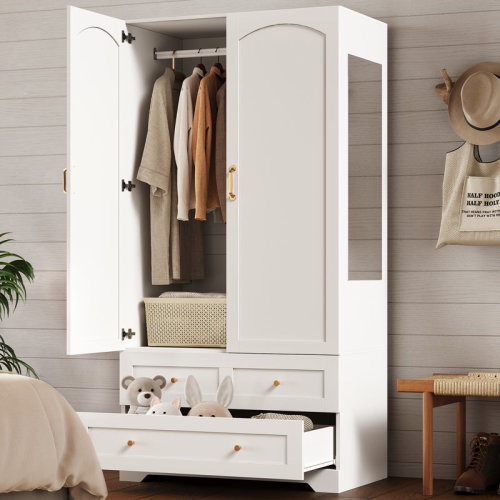 Canora Grey Armoire Wardrobe Closet With Full-length Mirror, Bedroom Armoires With 2 Storage Drawers & 2 Door Cabinet, White Freestanding Wardrobe Combination With Hanging And Organizing Clothes For Home | Wayfair