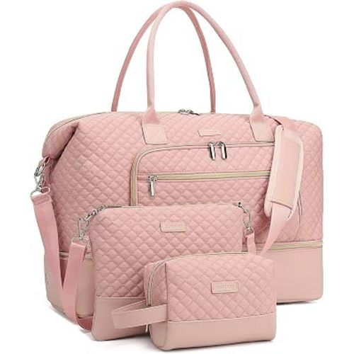 Weekender Bags for Women Travel, Under Seat Carry On Bags for Airplanes Overnight Bag with Shoe Compartment Luggage Sleeve, Foldie Travel Tote Bag Hospital Bag, Travel Gifts, Pink