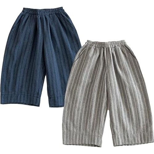 Ashmyova Casual Pants for Boys Girls Classic Linen Cotton Stripe Elastics Waist Spring Autumn Trousers Kids Long Pants 2Pcs