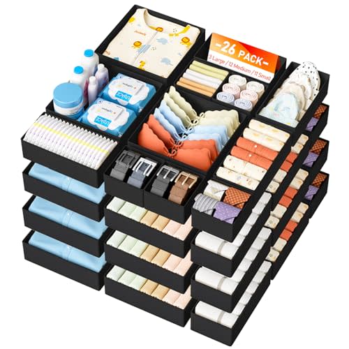DIMJ Drawer Organizer Clothes 26 Pack - Foldable Baby Organizers and Storage & Closet Organizers for Bedroom, Closet - Nursery Organization Dresser Dividers for underwear, Sock,Bra, Belt, Tie,Black