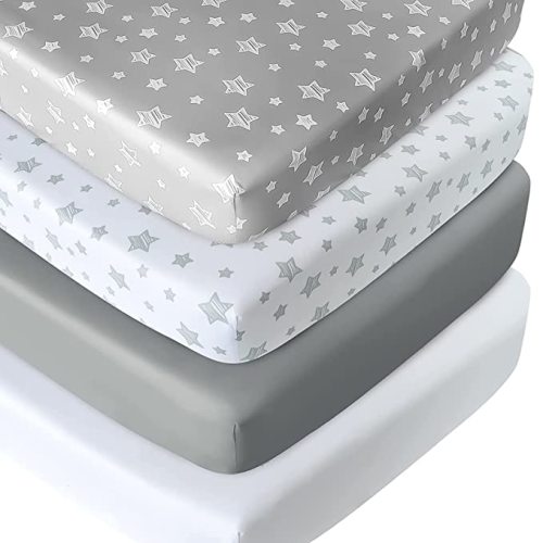 Crib Sheets for Boys or Girls 4 Pack, Fitted Crib Sheet for Standard Size Crib and Toddler Mattresses, Soft and Breathable Crib Sheets Baby Gift Boy Set, White - Grey - Crib sheet