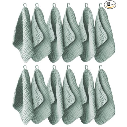 12 Pack Muslin Washcloths for Baby - 100% Cotton Baby Wash Cloths for or Baby Face Body Comfy and Soft for Newborn Infants Kids Girls and Boys - 12"x12" - Green