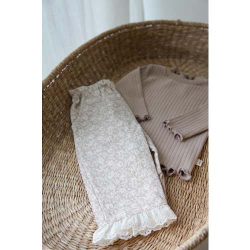 Light Beige/Floral Embroidered Frill Hem Trousers