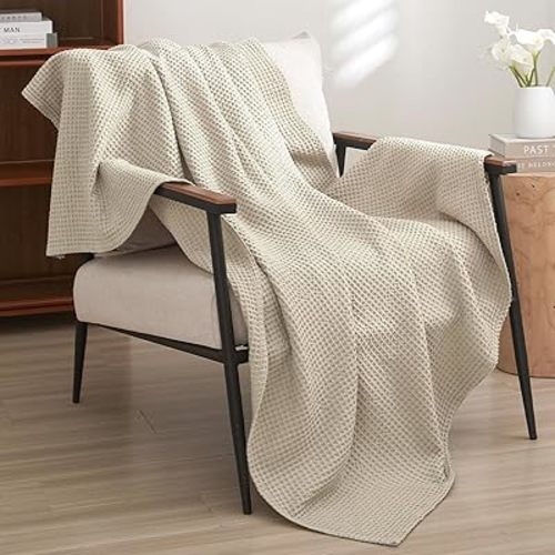 PHF 100% Cotton Waffle Weave Throw Blanket，Pre-Washed Snag Proof Lightweight Breathable Moisture-Wicking for Layering in Cold Weather for Couch Bed,Machine Washable,Home Decor Gift-Linen/Stone