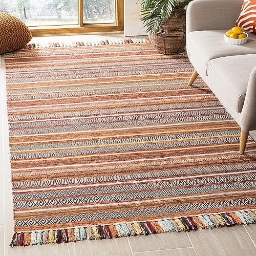 SAFAVIEH Montauk Collection Area Rug - 5' x 8', Rust & Multi, Handmade Boho Stripe Fringe Cotton, Ideal for High Traffic Areas in Living Room, Bedroom (MTK901D)