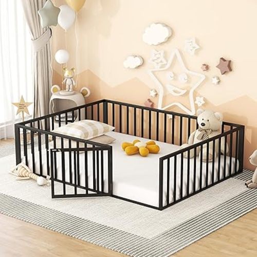 Bellemave Queen Size Floor Bed with Rails for Kids, Girls, Boys, Metal Montessori Floor Bed with Door, Black