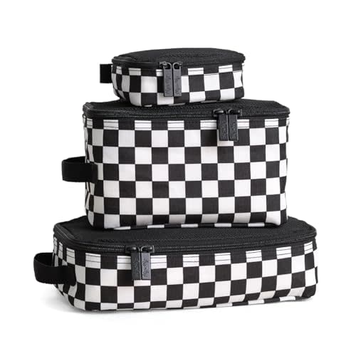 Itzy Ritzy Packing Cubes for Travel – Set of 3 Packing Cubes or Travel Organizers - Each Cube Features a Mesh Top, Double Zippers and a Fabric Handle (Black & White Checkerboard)