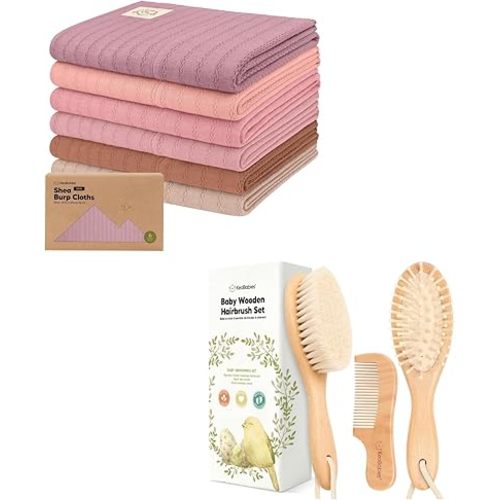 KeaBabies 6-Pack Baby Burp Cloths for Boys and Girls and Baby Hair Brush and Comb Set - Large Burp Cloths, Burping Clothes for Newborn - Wooden Brush with Soft Goat Bristle