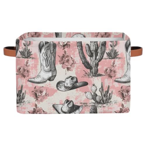 Western Cowboy Rectangle Storage Basket Cactus Foldable Storage Bin Cubes with Handles Large Organizer Bins Boxes Toy Closet Shelf Nursery Laundry Basket, 1 Pcs