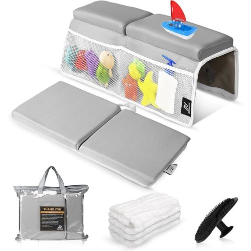 Baby Bath Kneeler & Elbow Rest Pad Set | Extra Thick 1.5” Foam That Relieves Knee & Elbow Pressure | Non-Slip Suction Stability | Machine Washable, Quick-Dry | Brush & Washcloth Gift Included