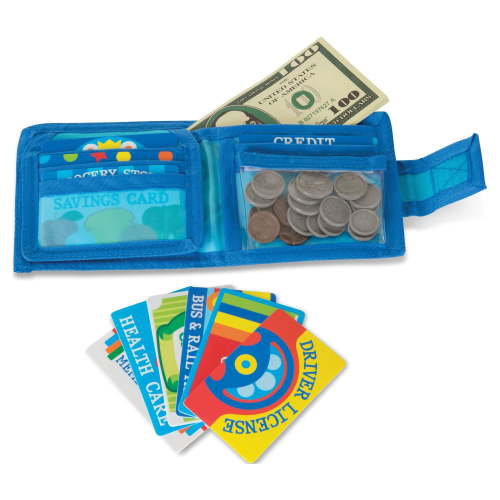 Melissa & Doug Kids Pretend-to-Spend Toy Wallet With Play Money, Cards (45 pcs), Blue - FSC Certified