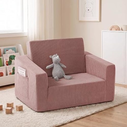 2-in-1 Kids Chair and Couch, Larger Cozy Corduroy Kids Sofa, Pink