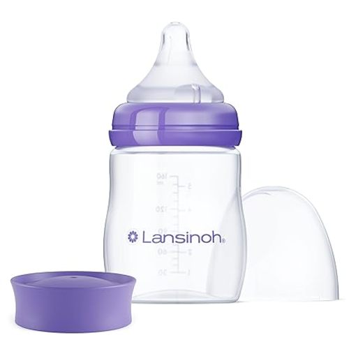 Lansinoh Anti-Colic Baby Bottles, BPA-Free Plastic, 8 Ounces, 3 Count, Medium Flow Nipples (Size M), Breastfeeding Bottle with NaturalWave Design