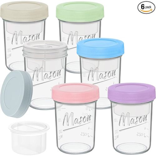 16 oz Overnight Oats Containers with Lids, 6-Pack Leak-Proof Wide Mouth Mason Jars & Separate Compartments for Fruits/Nuts, Airtight Glass Jars for Chia Pudding, Yogurt, Parfait and Salad