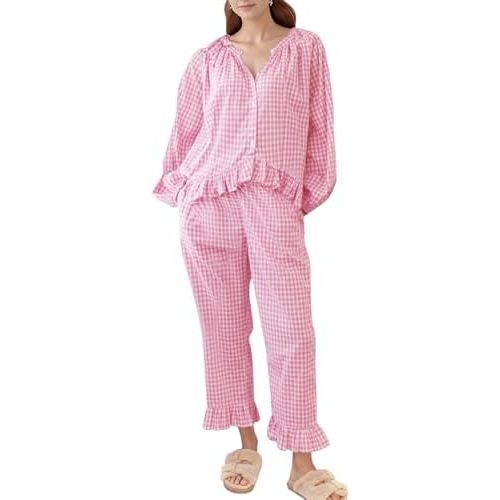 COZYPOIN Womens Plaid 2 Piece Pajamas Sets Cotton Gingham Puff Long Sleeve Babydoll Shirt Ruffle Pants Y2K Pjs Lounge Set