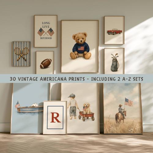 Americana Nursery Wall Art Set - 30 Vintage Preppy Boy Prints - Patriotic Sports Transport Gallery Wall Bundle