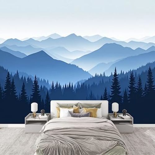 Forest Peel and Stick Wallpaper Wall Mural Misty Mountain Landscape Dense Forest Blue Tones Self Adhesive Accent 3D Wallpaper for Laundry Room Dining Room Boho Decorative Wall Decals