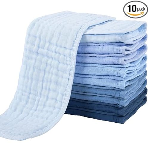 Yoofoss Muslin Burp Cloths for Baby 10 Pack 100% Cotton Baby Washcloths for Boys Girls Large 20''X10'' Super Soft and Absorbent Progressive Blue