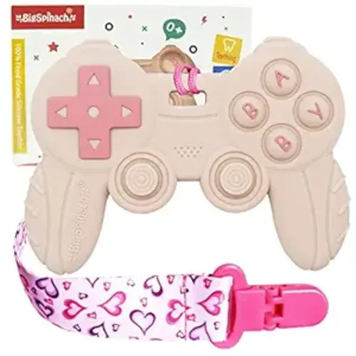 Cool Remote Game Control Teething Toy for Babies 0-6 6-12 Months,Game Controller Teether for Gamer Parents,Baby's First Valentines Day Gifts,Silicone Remote Chew Toys（Pink