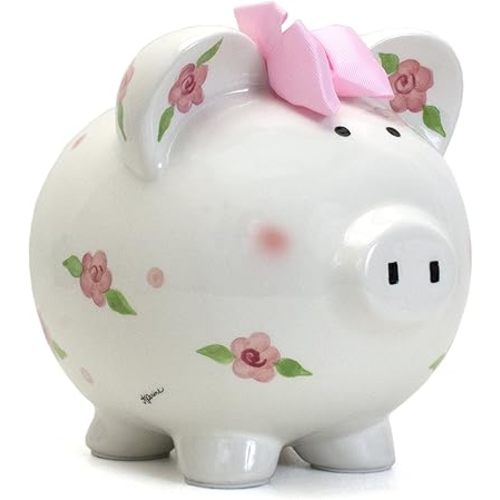 Child to Cherish Ceramic Piggy Bank for Girls, Posies and Polka Dots