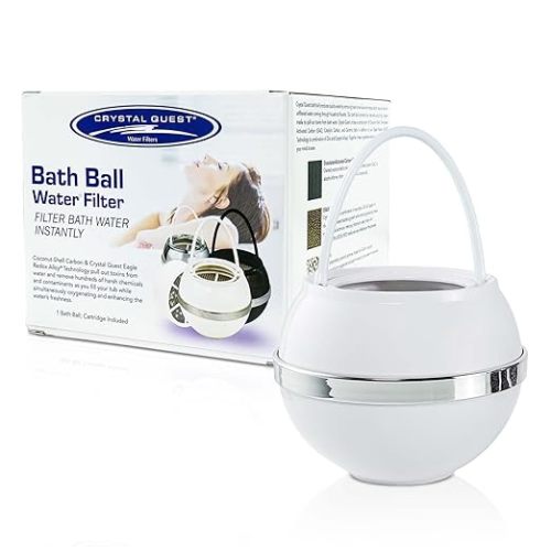 Crystal Quest Bath Ball Water Filter for Bathtub - 3-Stage Filtration, Removes Chlorine, Chloramine & Byproducts, 2,500 Gallons, BPA Free, pH Balanced Water, Fits Most Tubs, Easy Install - White