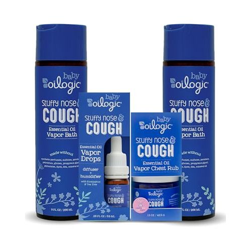 Oilogic Baby Stuffy Nose & Cough 4 Piece Bundle - Baby Care Products | Gentle Infant Cold & Congestion Care - Essential Oil Vapor Bath, Chest Vapor Rub & Humidifier Drops - Pediatrictian-Tested