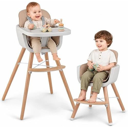 HONEY JOY Baby High Chair, 6-in-1 Eat & Grow Wooden Highchair/Toddler Chair with Removable Tray, 5-Point Harness, PU Cushion and Footrest, Convertible High Chair for Babies and Toddlers(Dark Beige)