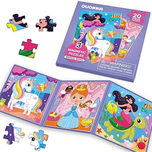 QUOKKA Magnetic Toddler Puzzles Ages 2-4 – 20 Pieces Kids Puzzles Ages 3-5 – Travel Games and Toys for Kids 4-6 Girls – Car Airplane Road Trip Activities with Unicorn, Princesses, Fairies and Mermaids