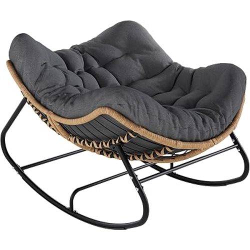 Papasan Rocking Chair, Outdoor Wicker Egg Rocker with Cushion, Grey