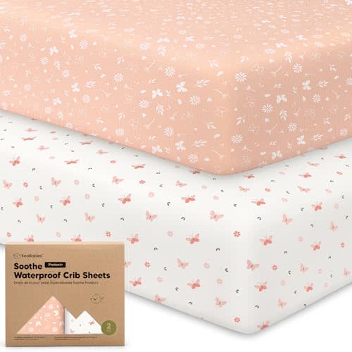 2-Pack Waterproof Crib Sheets for Boys, Girls - 52x28 Fitted Organic Cotton Baby Crib Sheets, Toddler Mattress Protector Cover, Washable, Soft & Durable Baby Bedding Essentials (Butterflies)