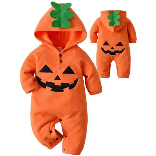 WIBACKER Baby Flannel Pumpkin Costume Baby Halloween Costumes Kids Hooded Romper Orange Onesie Unisex 3-20 Months