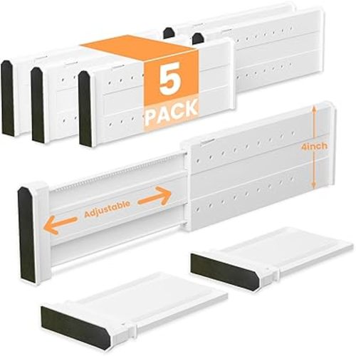 REBECAT 5 Pack Drawer Dividers for Clothes Adjustable Drawer Dividers 4" High Expandable from 11"-17" for Dresser Baby Clothes Bathroom Bedroom Kitchen and Office Storage,White