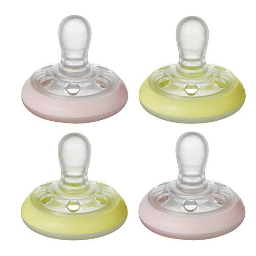 Tommee Tippee Breast-Like Pacifier Night, Glow in The Dark, Skin-Like Texture, Symmetrical Design, BPA-Free Binkies, 0-6m, 4-Count, Pink/Yellow