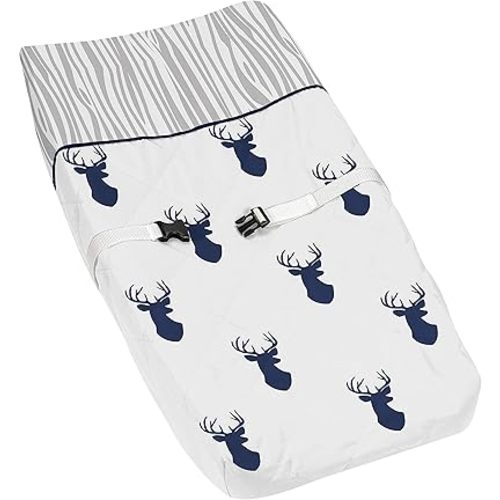 Sweet Jojo Designs Navy Blue White Woodland Deer Boy Baby Changing Pad Cover – Infant Newborn Diaper Table Change Mat Sheet - Forest Animal Stag Antler
