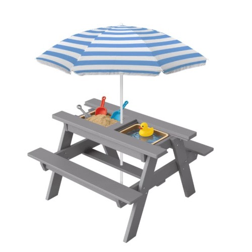 FOOWIN HDPE Kids Picnic Table, 3 in 1 Outdoor Convertible Sand & Water Table with Removable Tabletop, Kids Outdoor Table for Backyard Patio Play, Gray