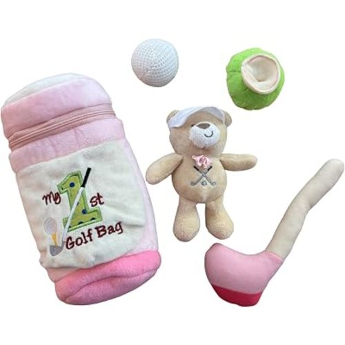 Genius Baby Toys My First Golf Bag Baby Girl Toy Set, 5-Piece Pink Plush Playset with Golf Club, Ball, Tee & Teddy Bear, for Golf Lovers, 0–12 Months