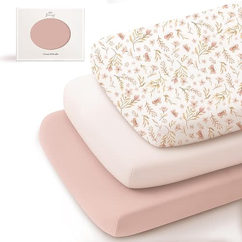 Konssy 3 Pack Stretchy Bassinet Sheets for Baby Girl Boy, Soft Bedside Bassinet Sheets, Compatible with Baby Delight, Dream On Me, AMKE and Other Rectangle Mattress (Pink Spring)